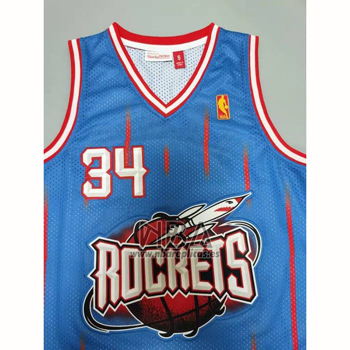 Camiseta Houston Rockets Hakeem Olajuwon NO 34 Mitchell & Ness 1996-97 Azul